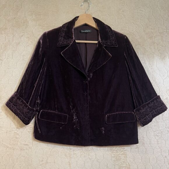 NWT TAHARI Velour Velvet Swing Jacket Blazer Sz 2 Embroidered Accents Purple$468 - Picture 14 of 16